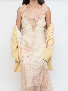 Vintage x Pale Yellow Floral Chiffon Dress (M, L)