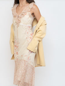 Vintage x Pale Yellow Floral Chiffon Dress (M, L)
