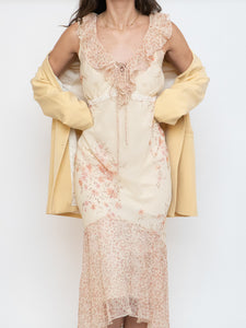 Vintage x Pale Yellow Floral Chiffon Dress (M, L)