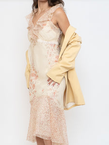 Vintage x Pale Yellow Floral Chiffon Dress (M, L)