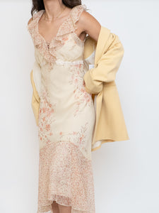 Vintage x Pale Yellow Floral Chiffon Dress (M, L)