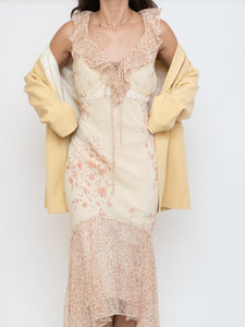 Vintage x Pale Yellow Floral Chiffon Dress (M, L)