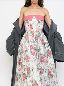 Vintage x Made in Great Britain x Strapless Rose Patterned Dress (XS, S)
