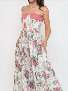 Vintage x Made in Great Britain x Strapless Rose Patterned Dress (XS, S)