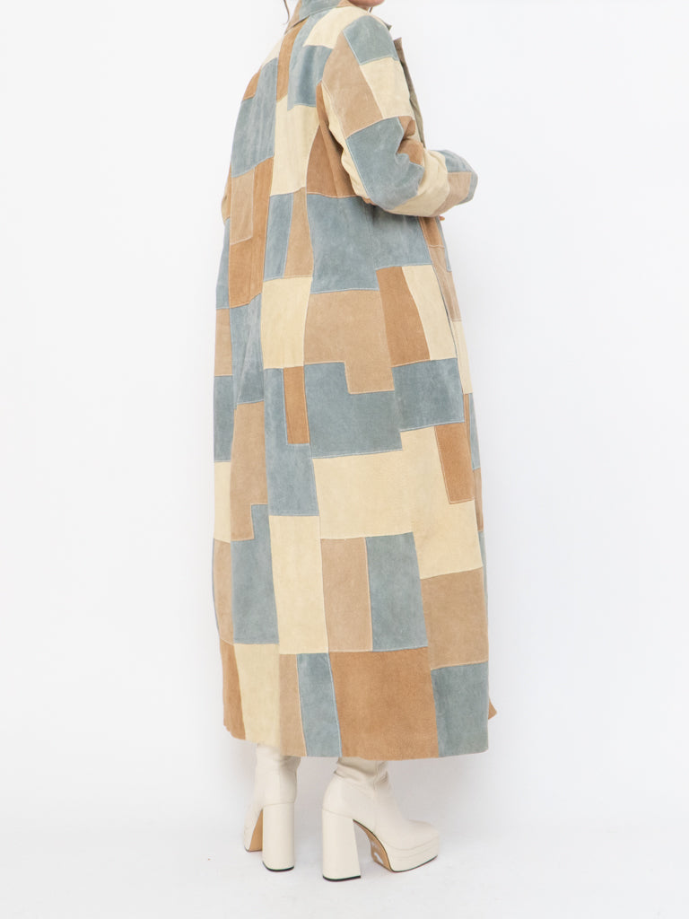 Vintage x WILSONS LEATHER x Beige, Blue Patchwork Suede Coat (S-L)