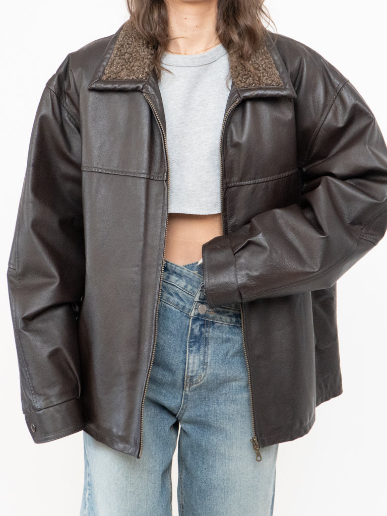 Vintage x Made in Winnipeg x Brown Leather Fleece-Collared Jacket (S-L)