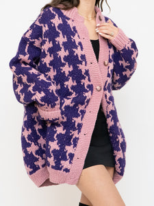 Vintage x Hand-knit Purple & Pink Houndstooth Cardigan (XS-L)