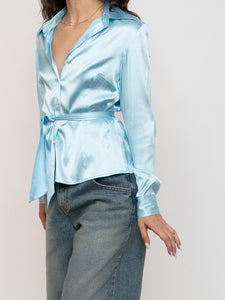 Vintage x Baby Blue Silk Button-up (XS, S)