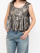 Load image into Gallery viewer, Vintage x Black, Grey Silk Sequin Cropped Tank (M, L)