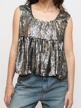 Load image into Gallery viewer, Vintage x Black, Grey Silk Sequin Cropped Tank (M, L)