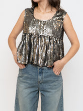 Load image into Gallery viewer, Vintage x Black, Grey Silk Sequin Cropped Tank (M, L)