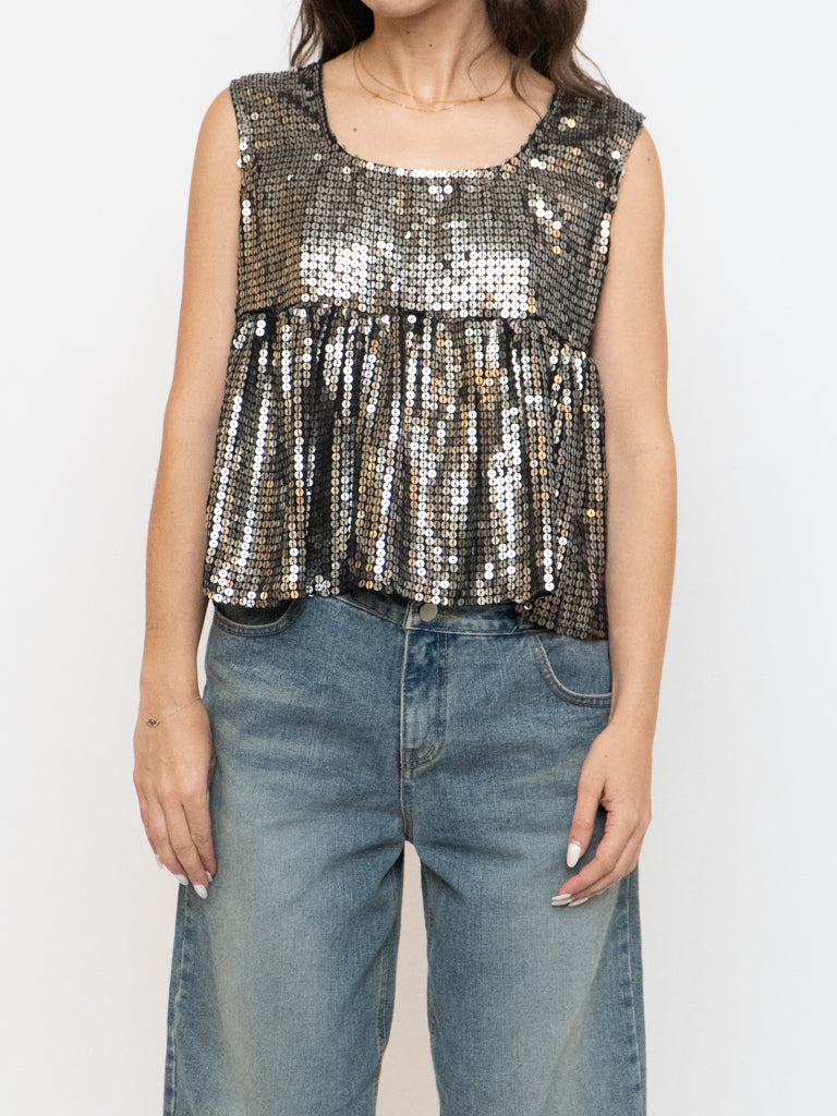 Vintage x Black, Grey Silk Sequin Cropped Tank (M, L)