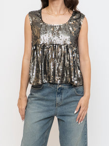 Vintage x Black, Grey Silk Sequin Cropped Tank (M, L)
