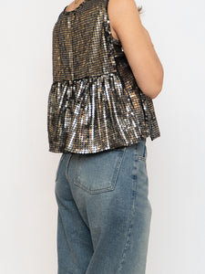 Vintage x Black, Grey Silk Sequin Cropped Tank (M, L)