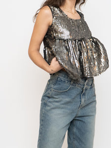 Vintage x Black, Grey Silk Sequin Cropped Tank (M, L)
