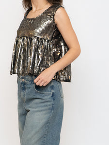Vintage x Black, Grey Silk Sequin Cropped Tank (M, L)