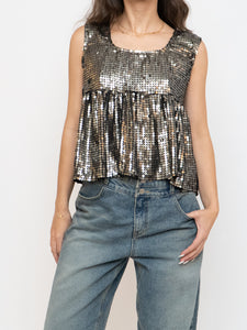 Vintage x Black, Grey Silk Sequin Cropped Tank (M, L)