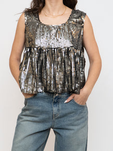 Vintage x Black, Grey Silk Sequin Cropped Tank (M, L)