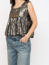 Load image into Gallery viewer, Vintage x Black, Grey Silk Sequin Cropped Tank (M, L)
