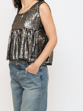Load image into Gallery viewer, Vintage x Black, Grey Silk Sequin Cropped Tank (M, L)
