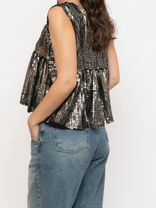 Vintage x Black, Grey Silk Sequin Cropped Tank (M, L)