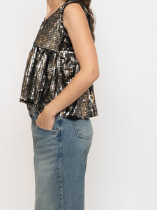 Vintage x Black, Grey Silk Sequin Cropped Tank (M, L)