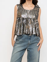 Load image into Gallery viewer, Vintage x Black, Grey Silk Sequin Cropped Tank (M, L)