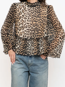 GANNI x Leopard Print Pleated Blouse (XS, S)