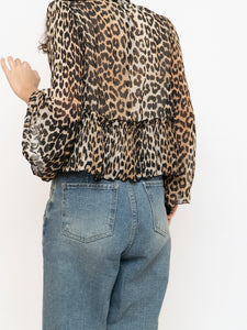 GANNI x Leopard Print Pleated Blouse (XS, S)