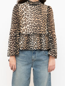 GANNI x Leopard Print Pleated Blouse (XS, S)