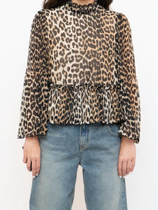 GANNI x Leopard Print Pleated Blouse (XS, S)