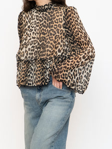 GANNI x Leopard Print Pleated Blouse (XS, S)