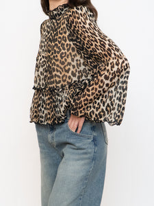 GANNI x Leopard Print Pleated Blouse (XS, S)