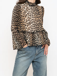 GANNI x Leopard Print Pleated Blouse (XS, S)