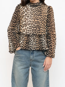 GANNI x Leopard Print Pleated Blouse (XS, S)