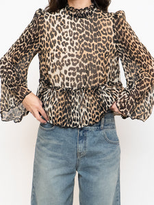 GANNI x Leopard Print Pleated Blouse (XS, S)