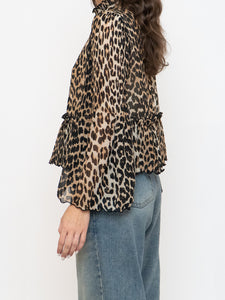 GANNI x Leopard Print Pleated Blouse (XS, S)