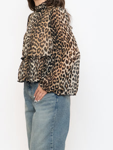 GANNI x Leopard Print Pleated Blouse (XS, S)