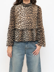 GANNI x Leopard Print Pleated Blouse (XS, S)