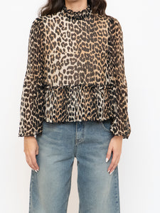 GANNI x Leopard Print Pleated Blouse (XS, S)