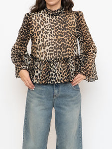 GANNI x Leopard Print Pleated Blouse (XS, S)
