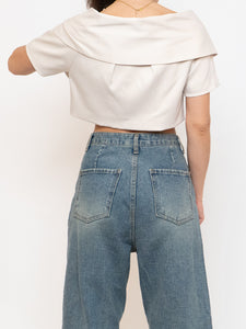 Vintage x Cream Satin Cropped Bow Top (XS-M)
