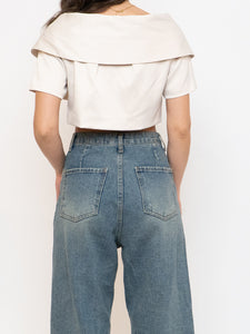 Vintage x Cream Satin Cropped Bow Top (XS-M)