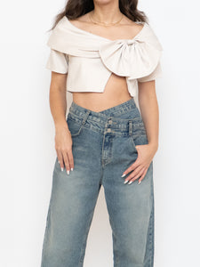 Vintage x Cream Satin Cropped Bow Top (XS-M)