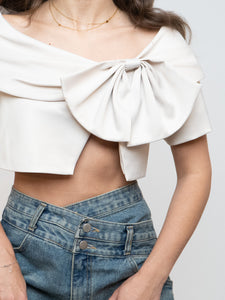 Vintage x Cream Satin Cropped Bow Top (XS-M)