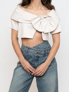 Vintage x Cream Satin Cropped Bow Top (XS-M)