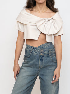 Vintage x Cream Satin Cropped Bow Top (XS-M)