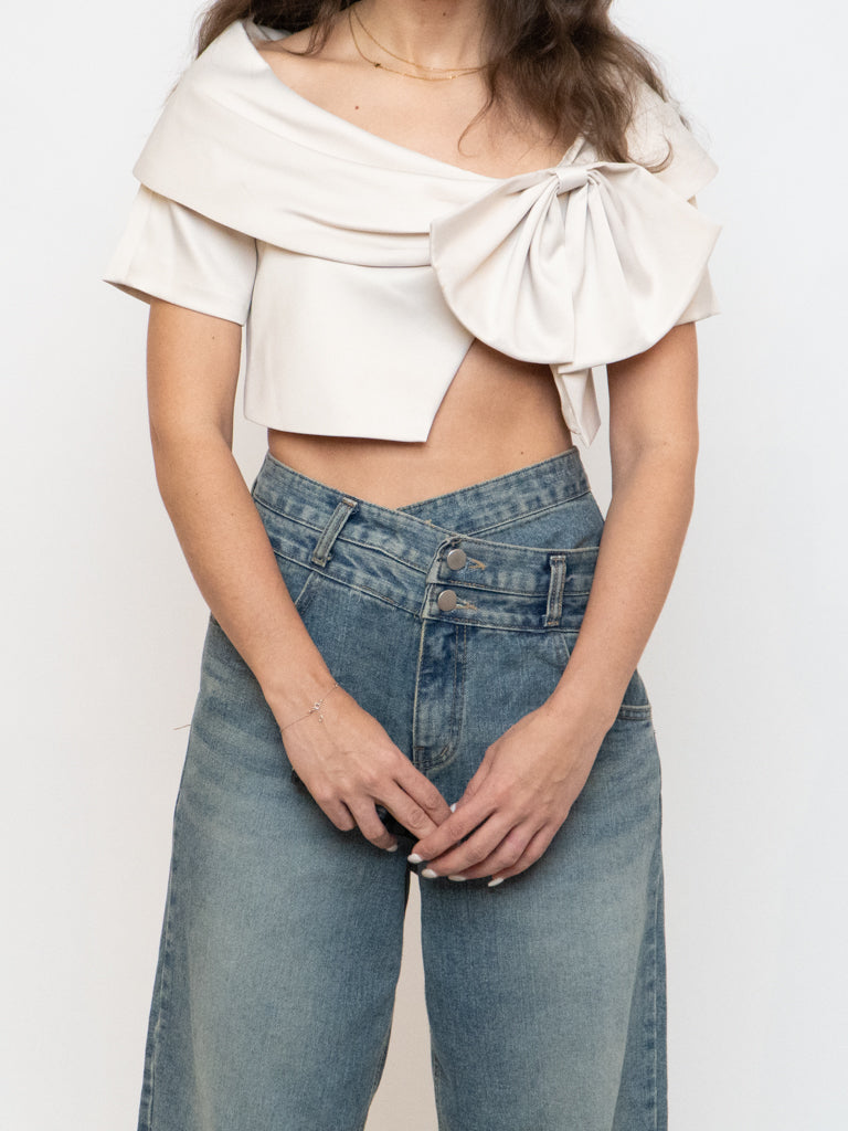Vintage x Cream Satin Cropped Bow Top (XS-M)