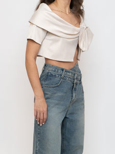 Vintage x Cream Satin Cropped Bow Top (XS-M)