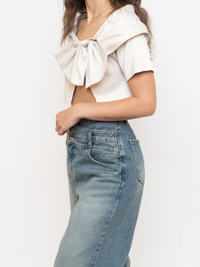 Vintage x Cream Satin Cropped Bow Top (XS-M)
